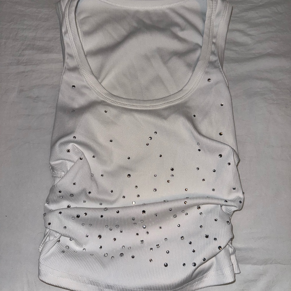 White Embellished Ribbed Tank Top - Women
